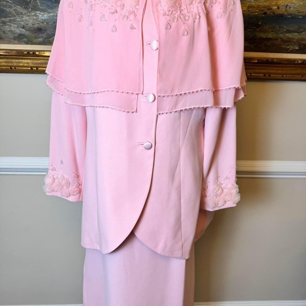 Vintage Plus 16W Pink 3Pc Skirt Suit Floral Capelet Beaded Formal Church Bridal